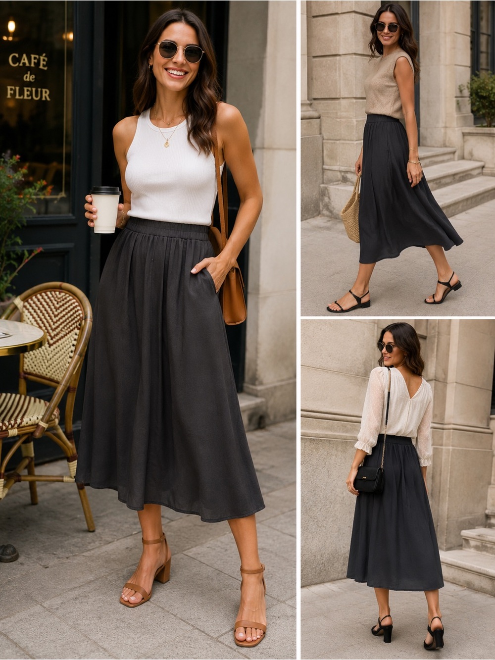 LOFT Black Flowy Midi Skirt Elastic Waist Classic A-Line Size MP Casual Chic